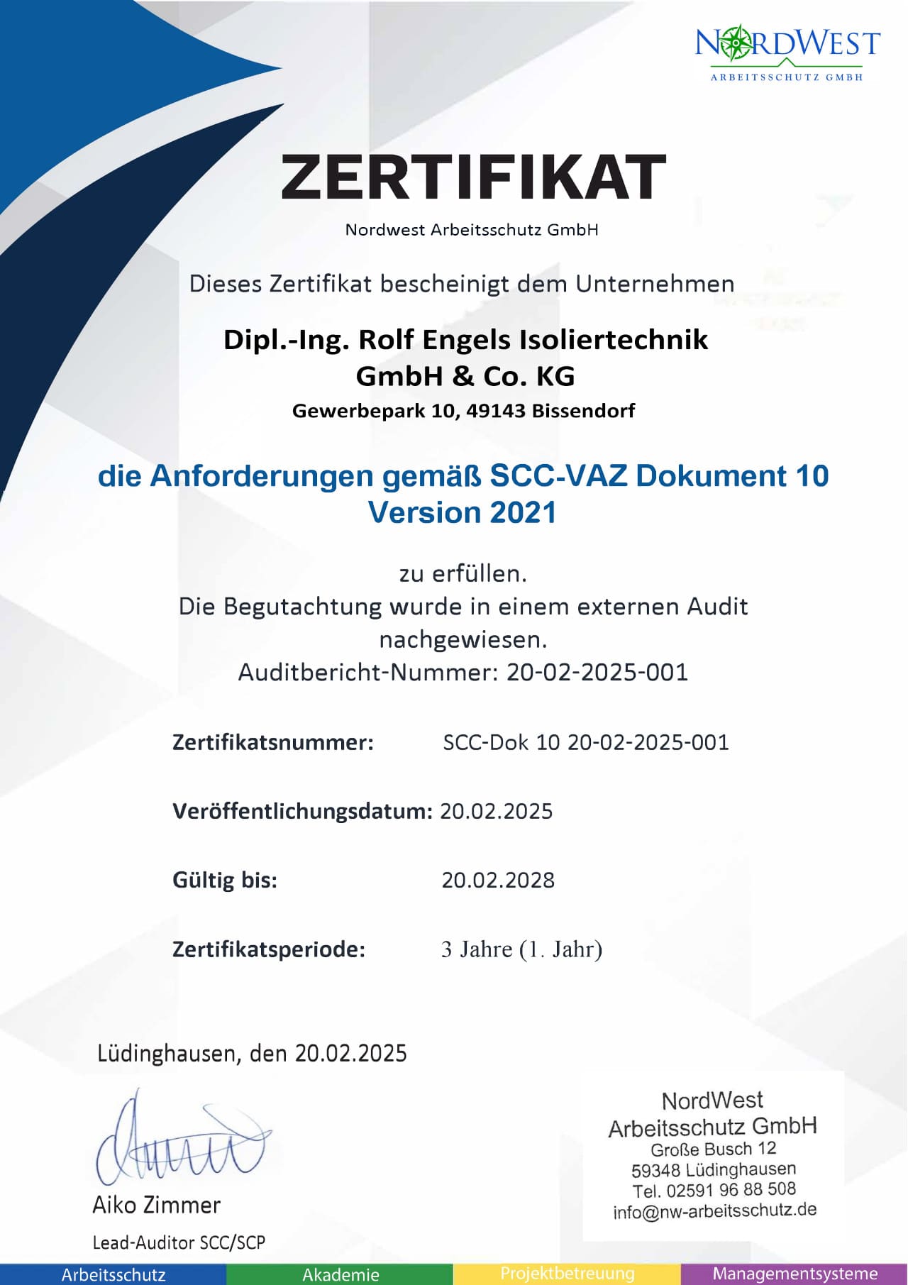 Zertifikat Firma Engels Isoliertechnik